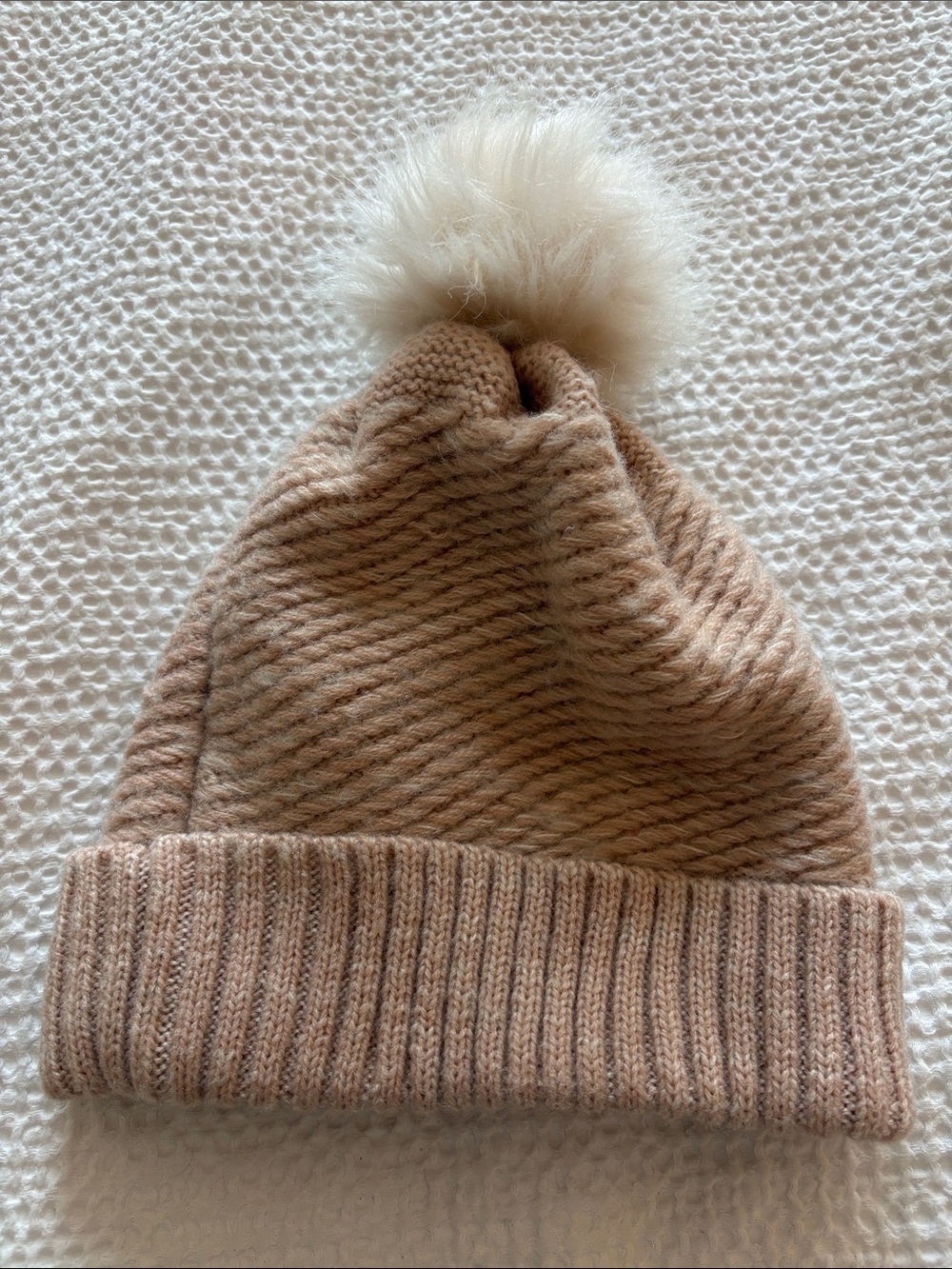 Zara Cream-Beige Faux Fur Pom Pom Knit Beanie